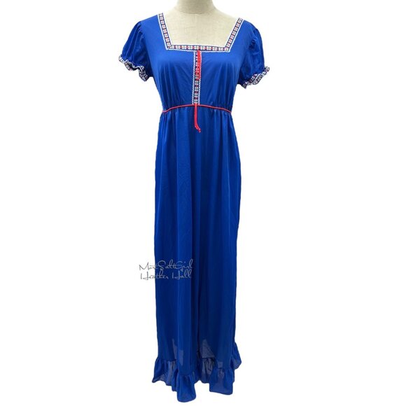 Vintage Lorraine Blue Boho Maxi Dress w/ Embroidered Trim & Ruffle Hem - Picture 2 of 7